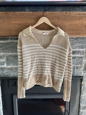 GAP Beige and White Striped V-Neck Polo Collar Sweater